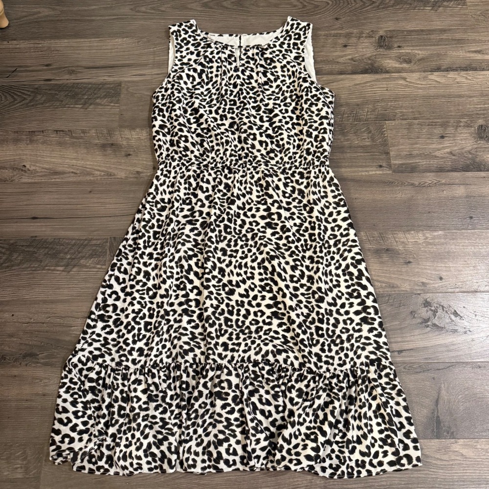 Talbots Petite Leopard Print Sleeveless Midi Dress Black White 10P Tiered Ruffle